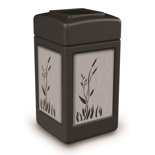 Commercial Zone PolyTec 42 Gallon Trash Container, Cattails, Black with Stainless Steel Panels